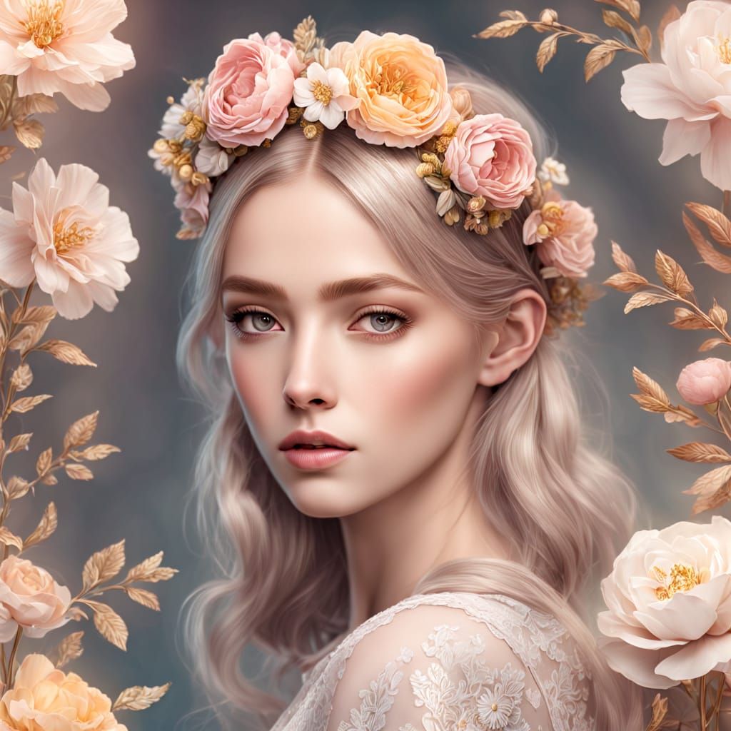 Delicate Girl Portrait with Floral Headband in Watercolor St...