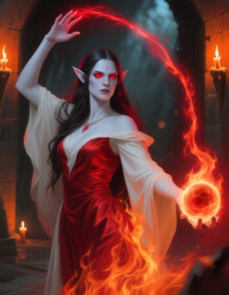 Half-Elf Sorceress Casting Fire Spell in Ancient Crypt