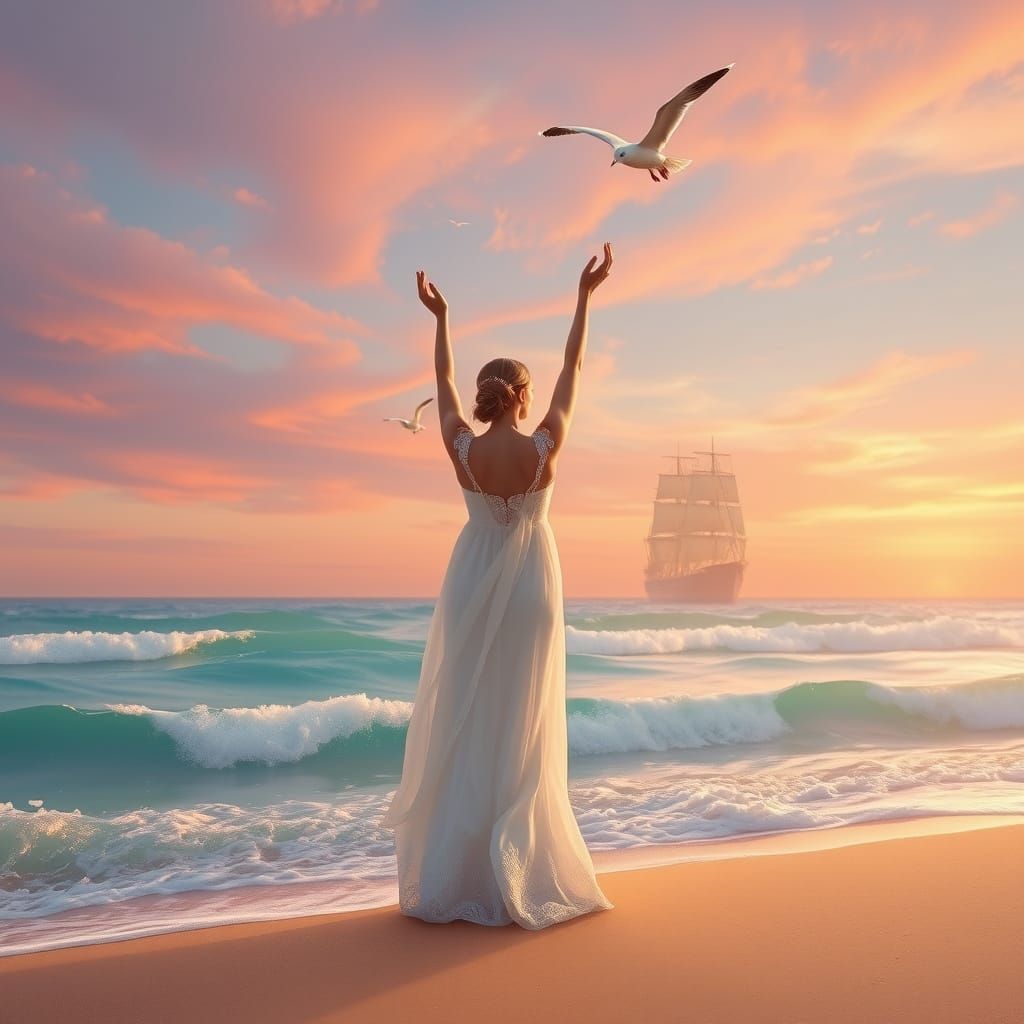 Ethereal Beach Scene in Soft Pastel Hues