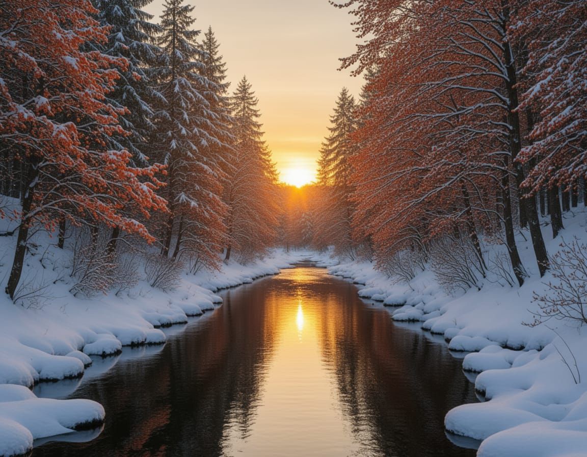 Sunset River in Snowy Forest Landscape Photograph