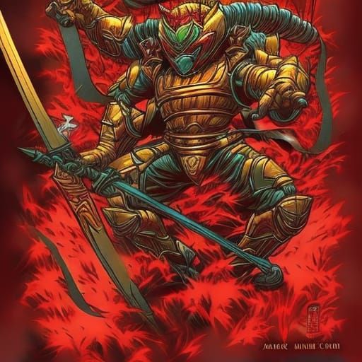 Golden Samurai Suit and Oni Mask in Comic Art Style