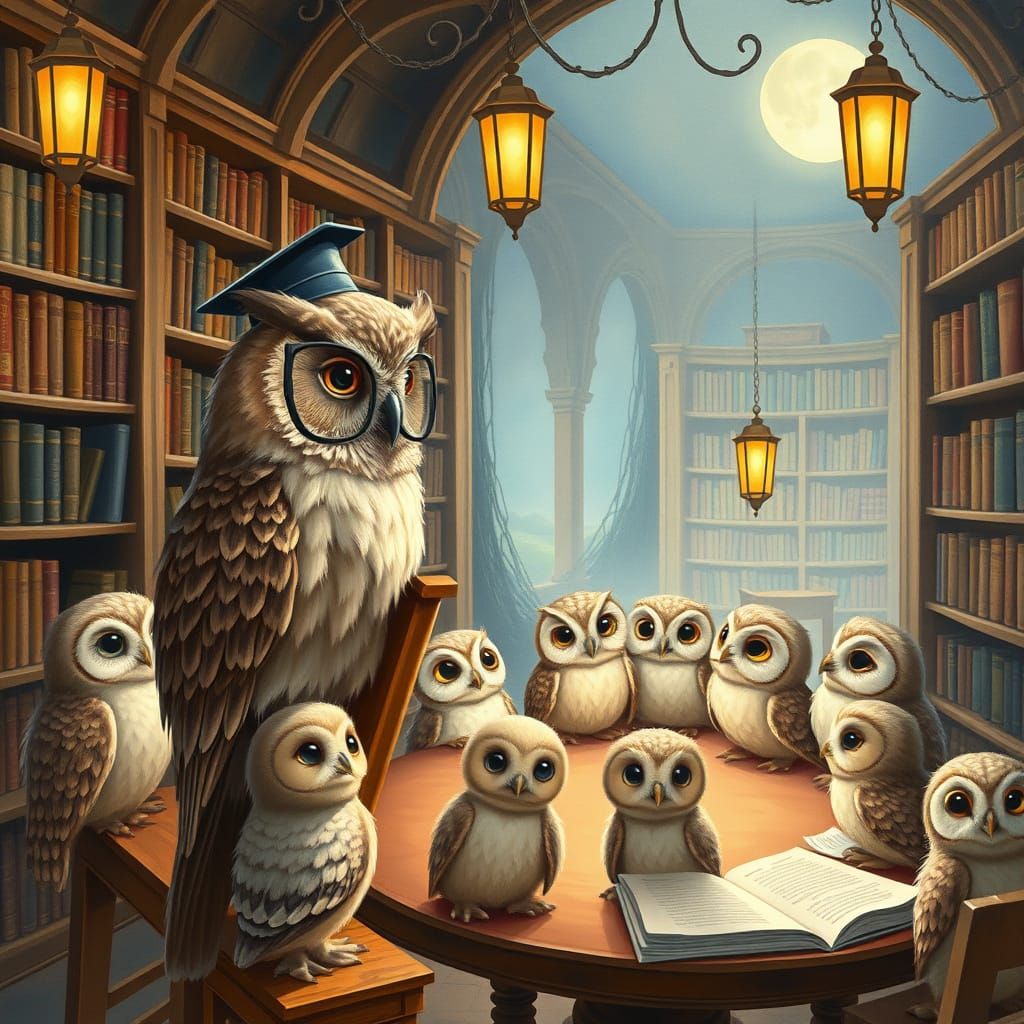 Whimsical Owl Professor in Enchanted Library