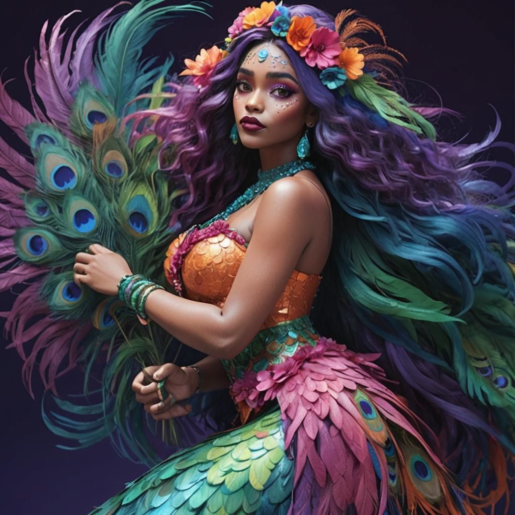 Pixar Style Portrait with Peacock Feathers