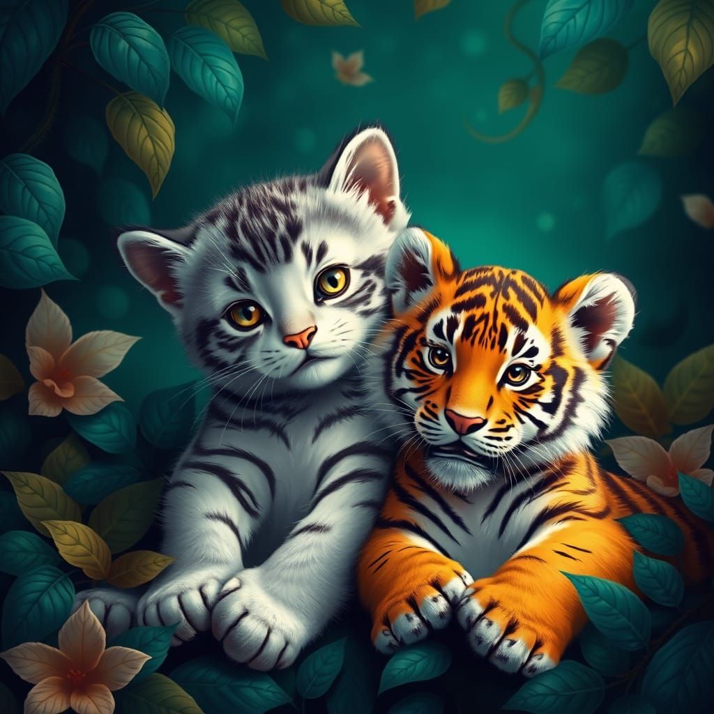 Whimsical Feline Duo in Emerald Oasis