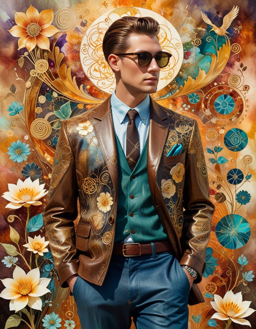 Men's 1950s Fashion with Surrealist Abstract Background