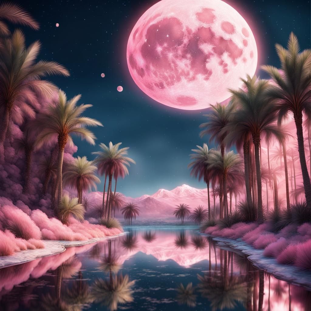 Pink Moon Reflected in Oasis with Marble Stars