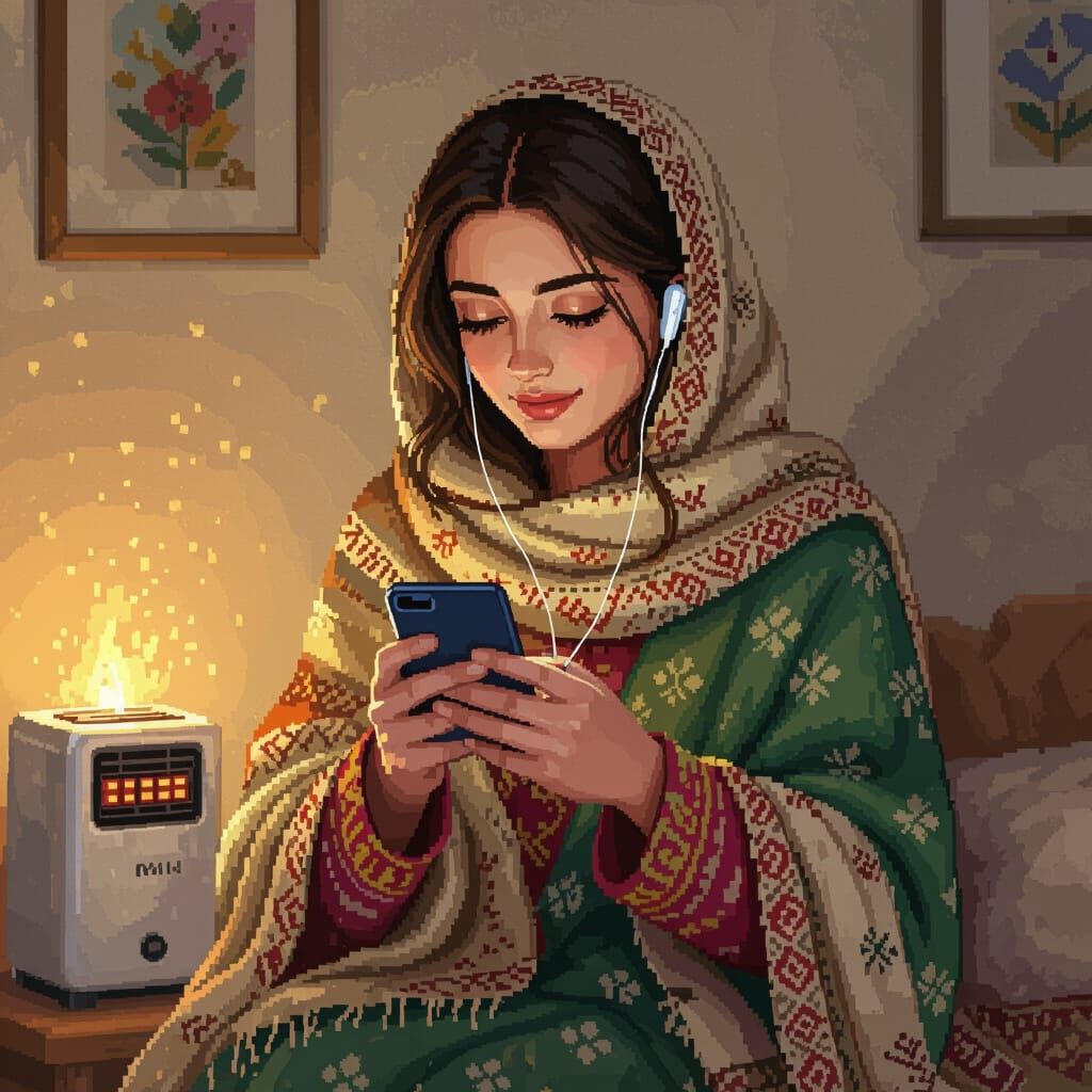 Pakistani Girl in Winter Clothes Using iPhone, 3D Pixel Styl...