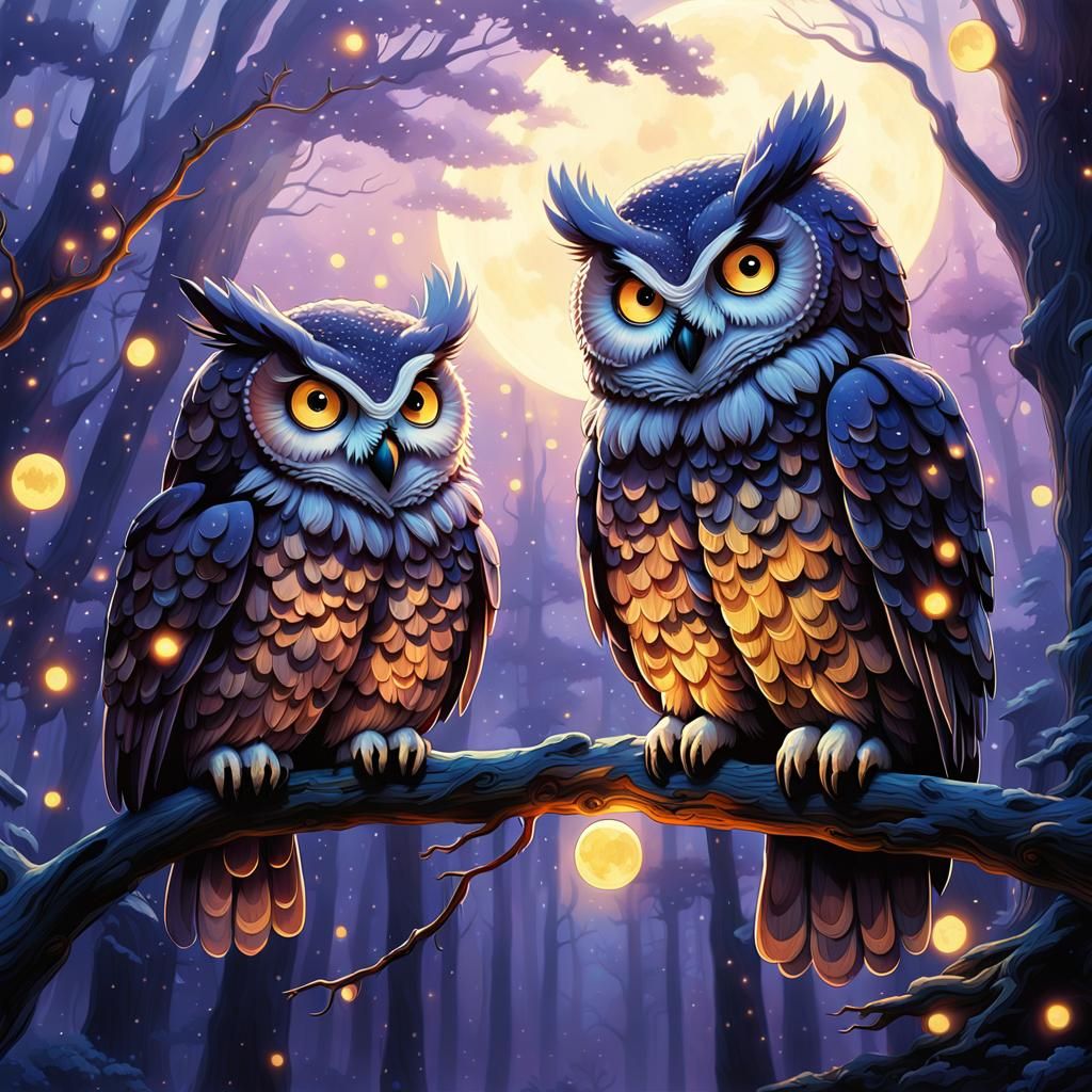 Whimsical Anime Owls on Misty Branch