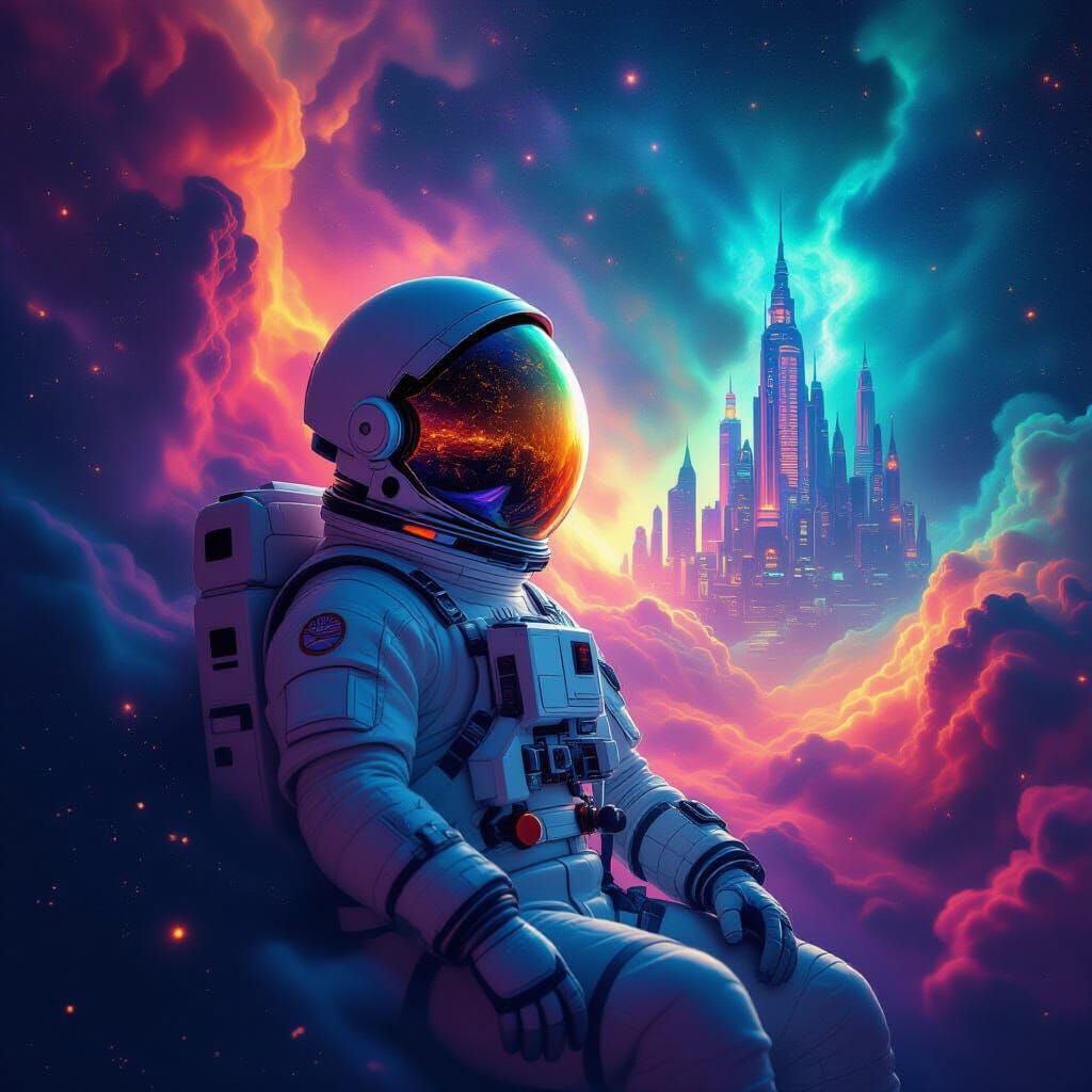 Astronaut Adrift in Cosmic Nebula Reflecting Alien City