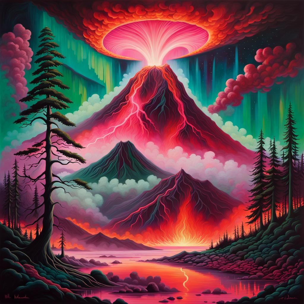 Dreamlike Volcano with Aurora Lights in Watercolor Style