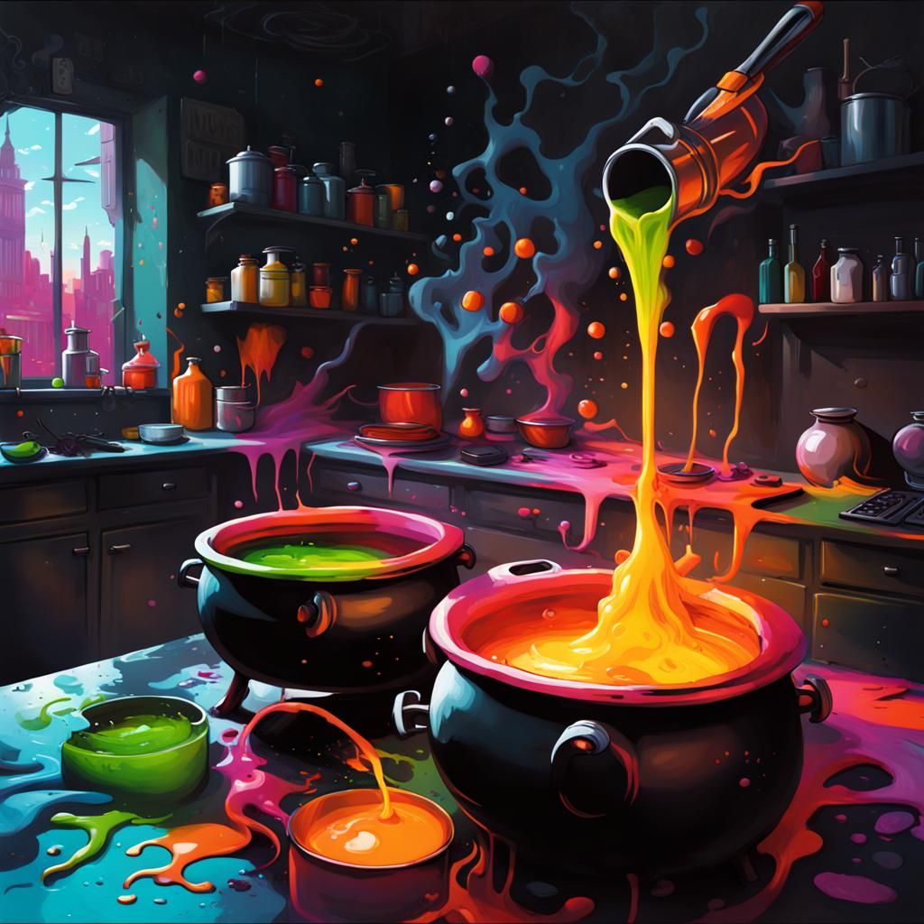 Vibrant Witch's Kitchen in Graffiti Art Style