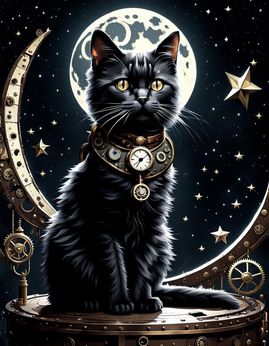 Steampunk Cat Under the Moon in Mono Colors
