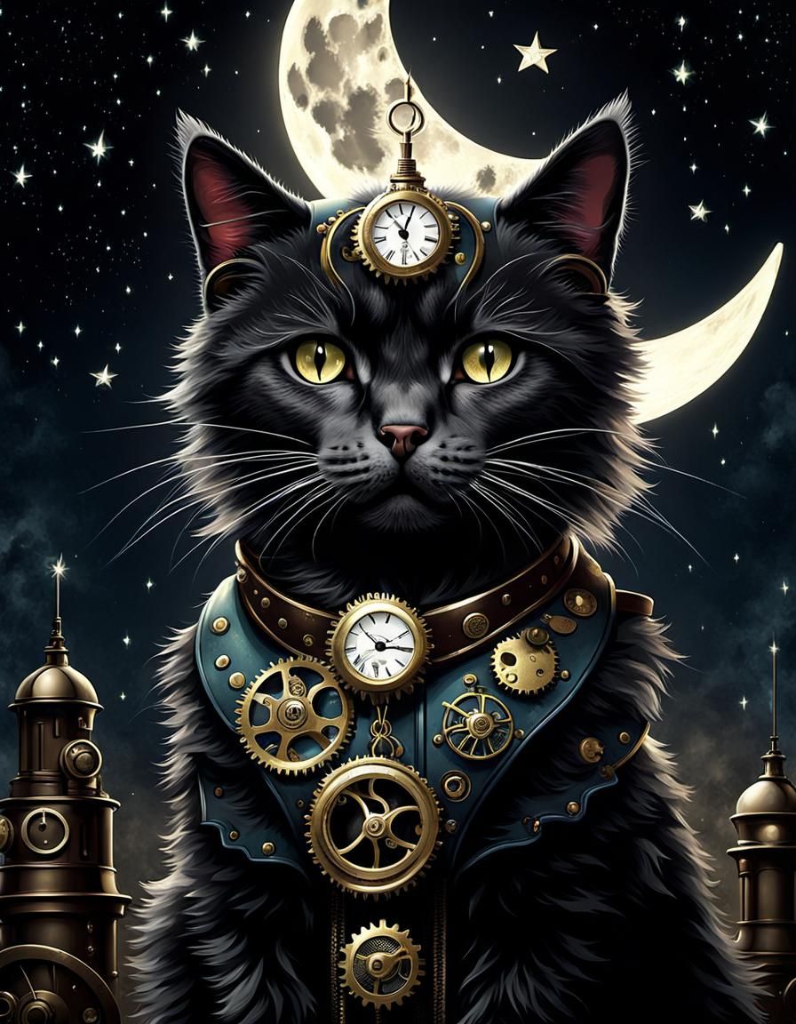 Steampunk Cat with Moon and Stars