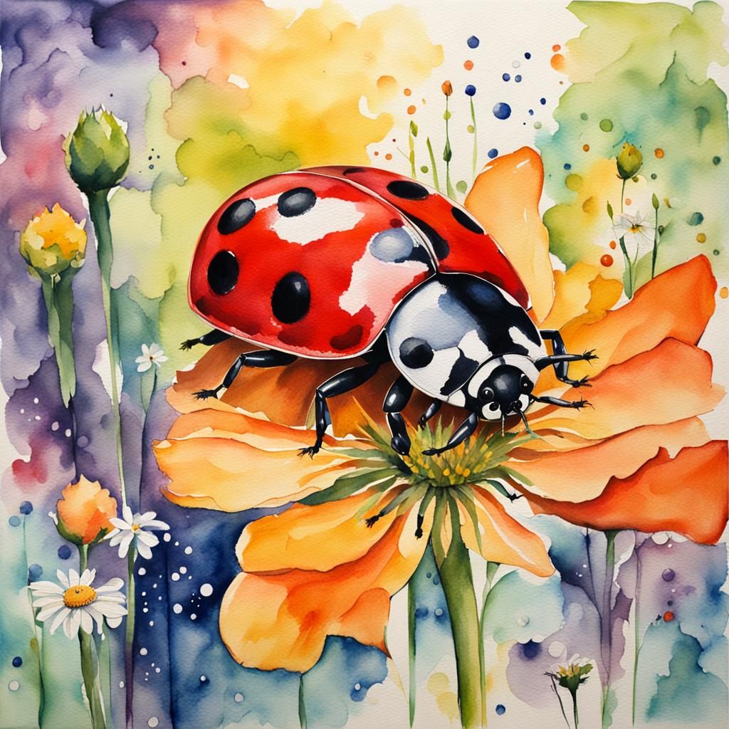 Watercolor Ladybug and Flowers Abstract Art