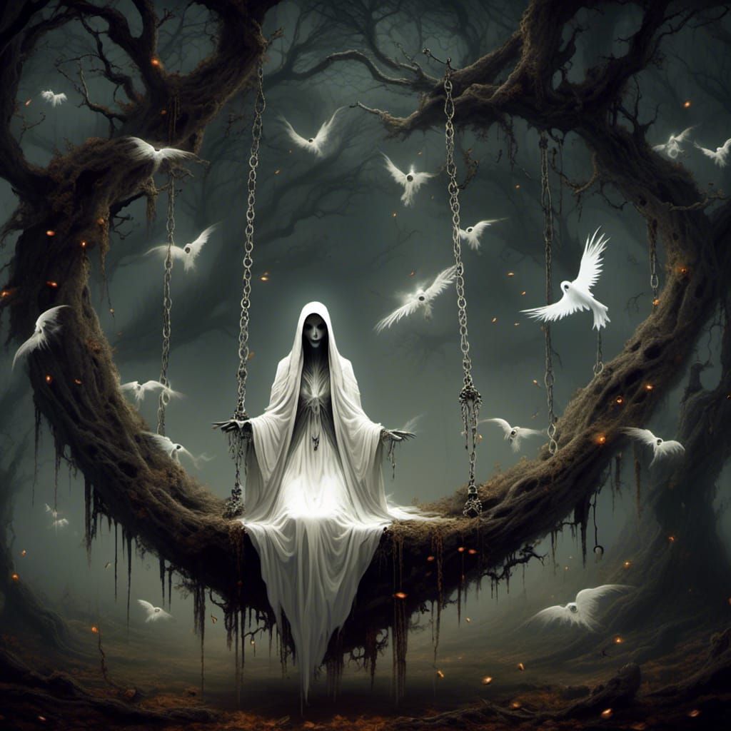 Gothic Forest Swing with Ghosts in Digital Art