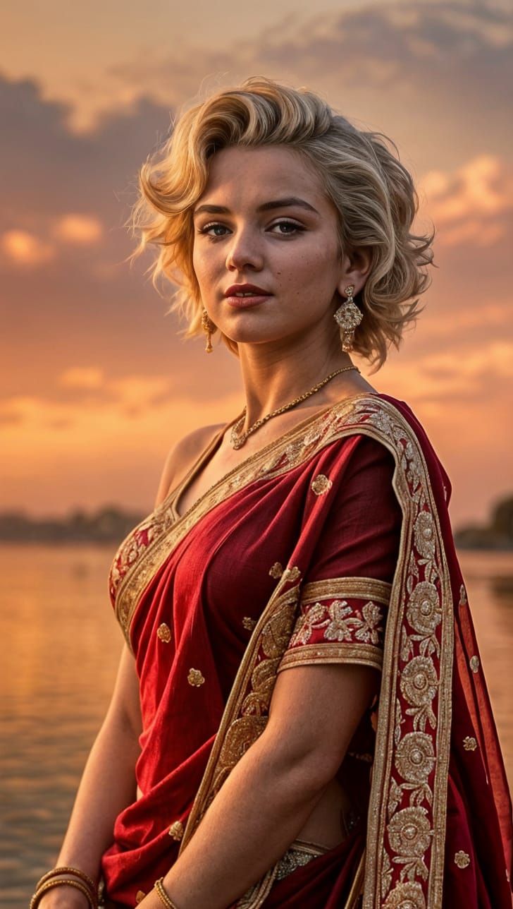 Young Marilyn Monroe in Elegant Indian Saree at Sunset