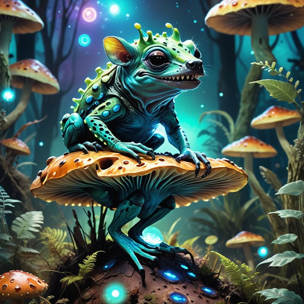 Laughing Alien Treefrog on Bioluminescent Mushroom