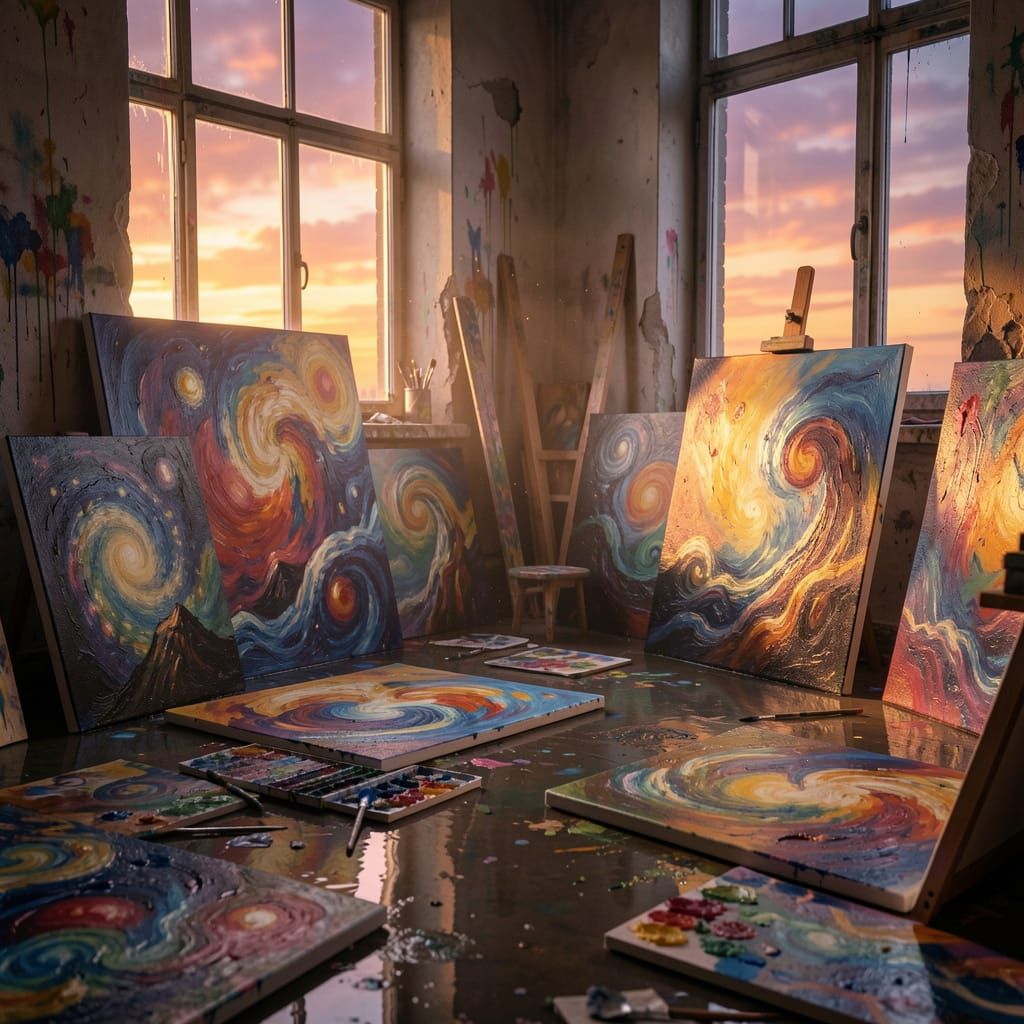 Artist Studio at Sunset with Abstract Canvases in Hyperreali...