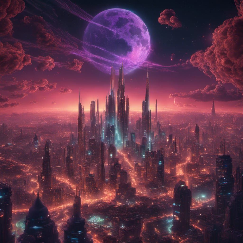 Neon Future City Engraved on Metal Plate