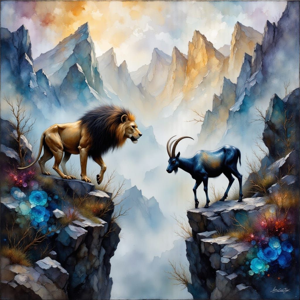 Mountain Lion and Goat in Misty Diatomaceous Modernism