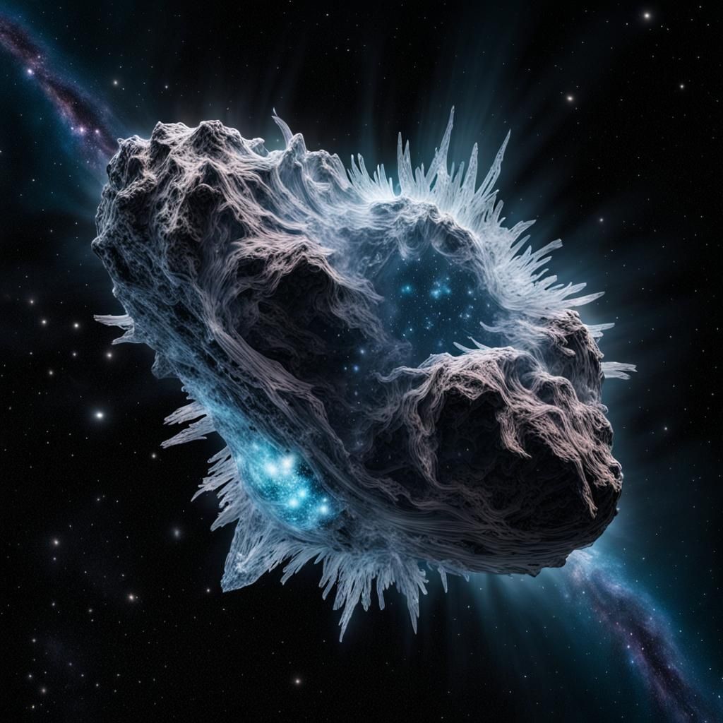 Frozen Comet Floating in Space with Galaxies