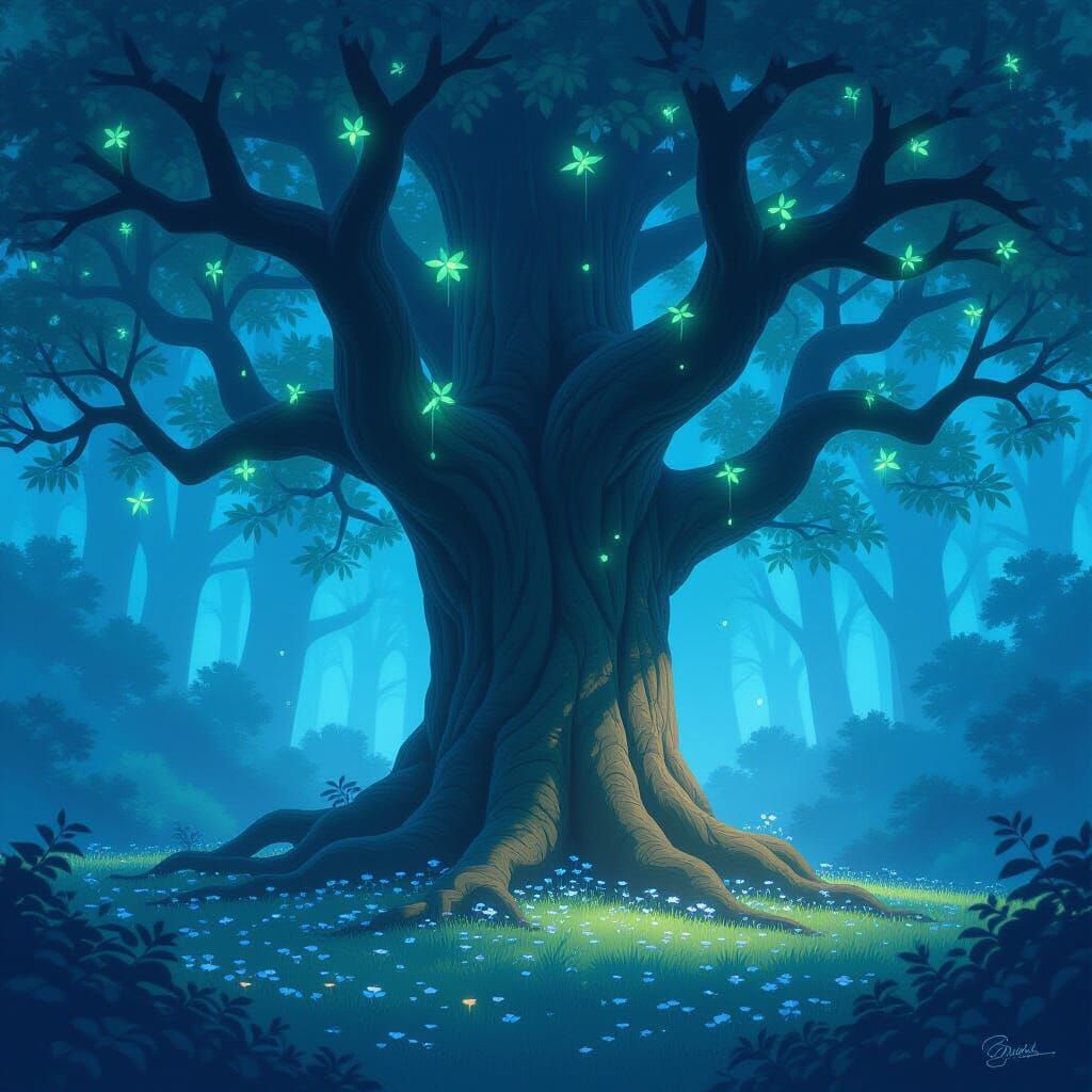 Ancient Bioluminescent Tree in Misty Forest Clearing