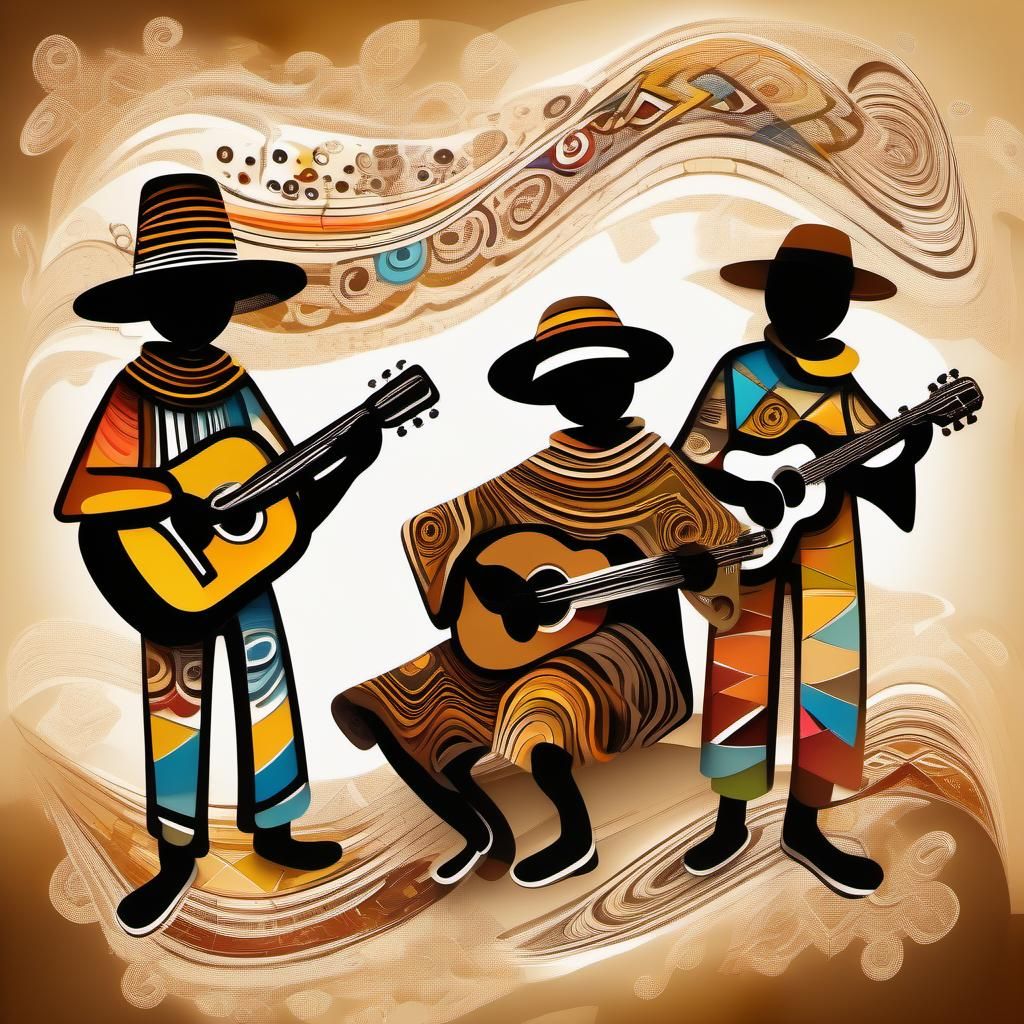 abstract painting, 3 figures playing guitar, wearing a colorful poncho and a hat colorful, background sepia colors with ...