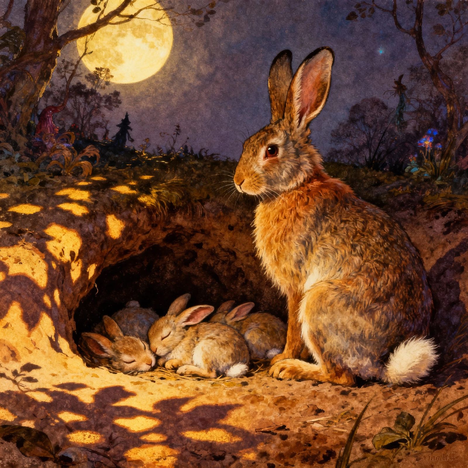 Mother Rabbit Tends Sleeping Kits in Twilight Forest