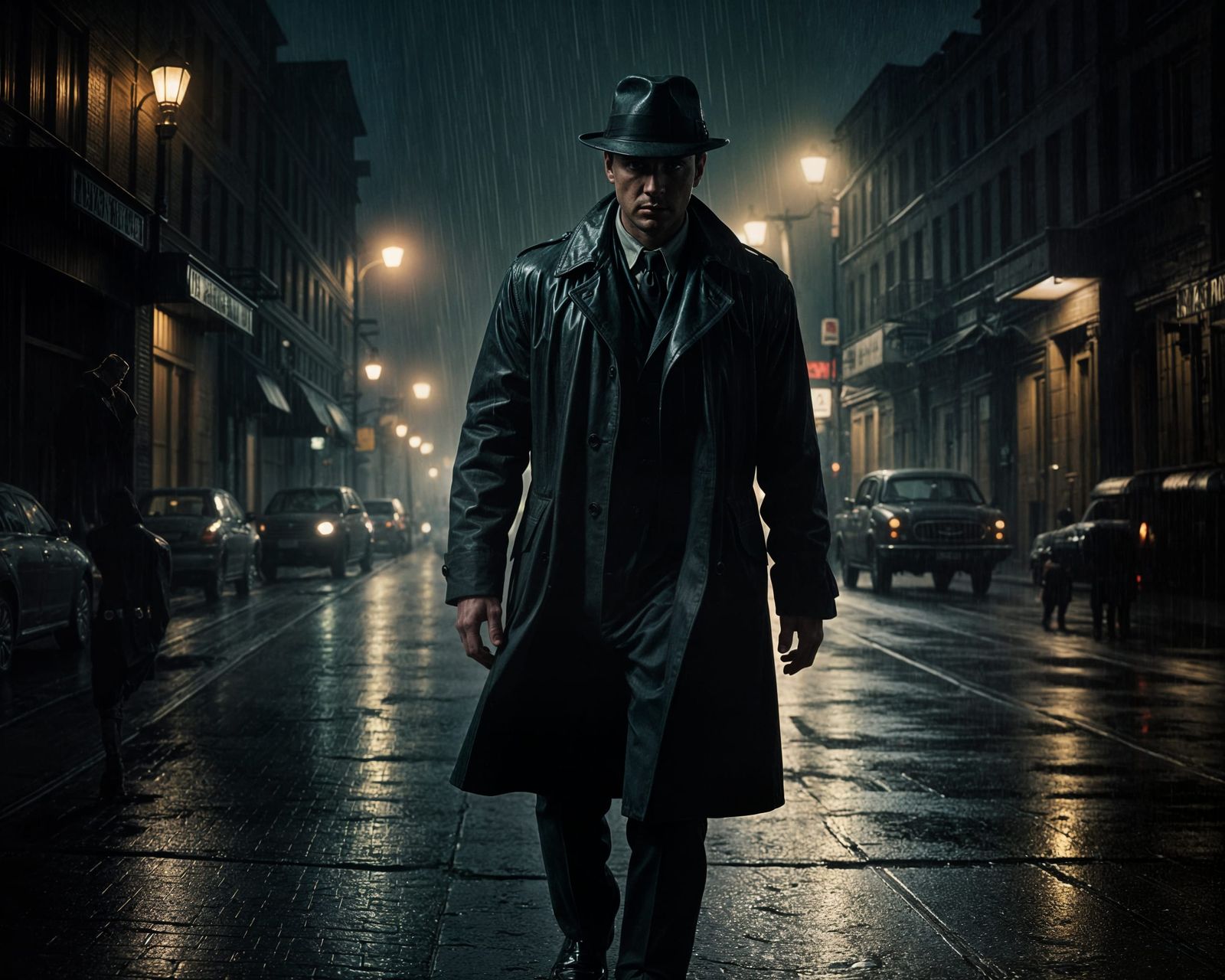 1940s Film Noir Detective in Rainy Street