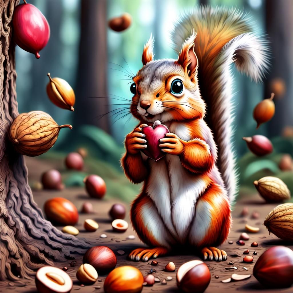 Cute Squirrel in Love with Giant Nut