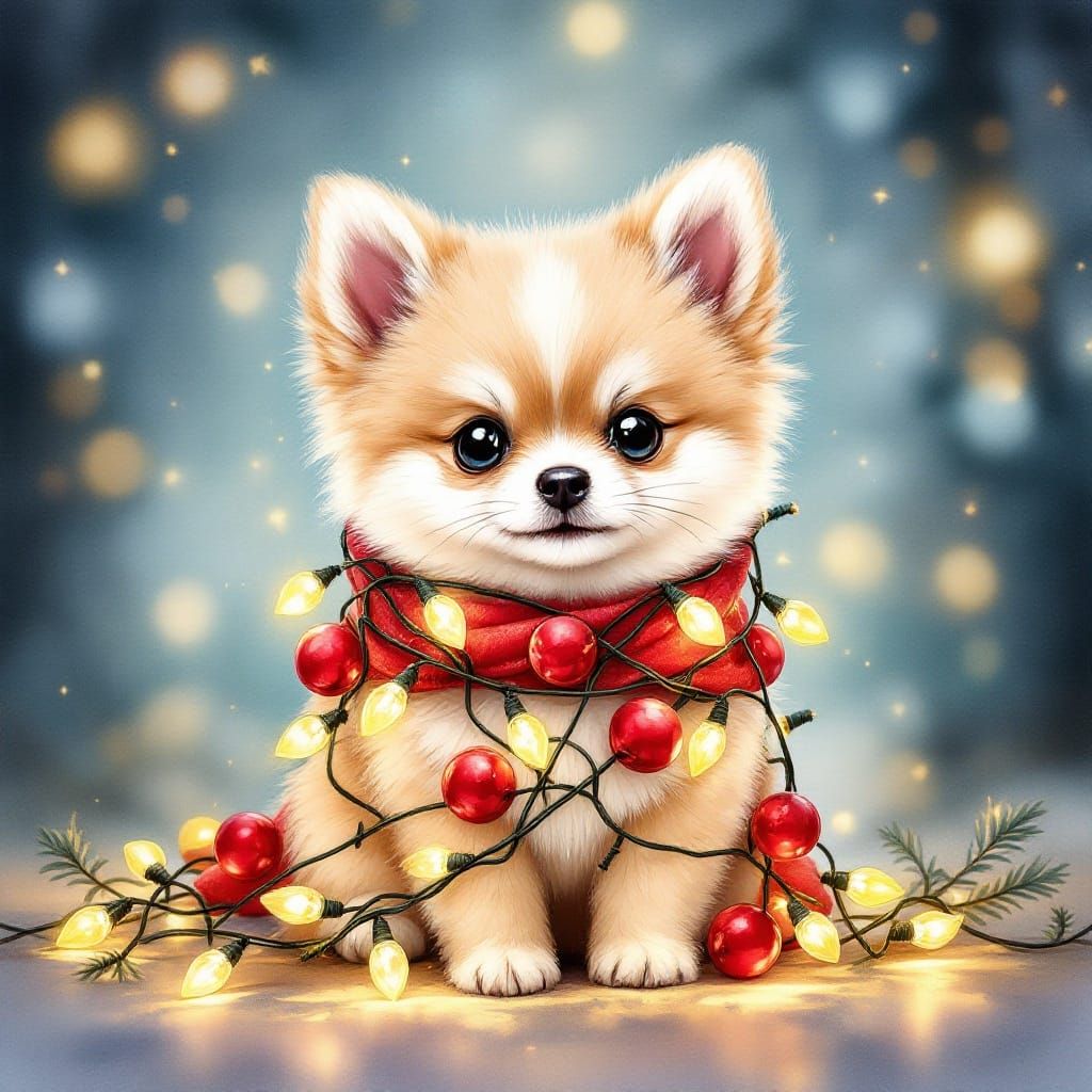 Watercolor Christmas Puppy in Holiday Lights