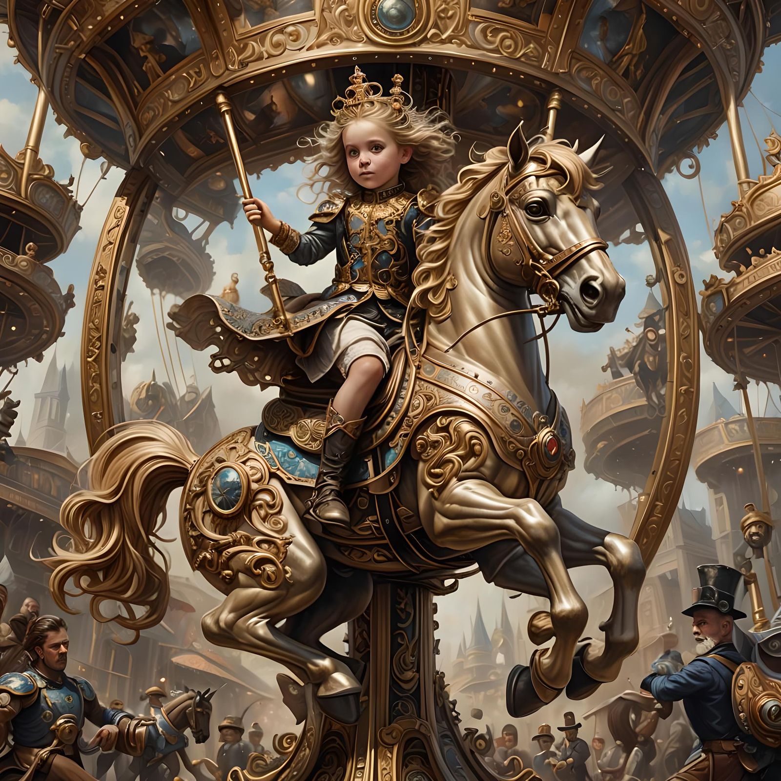 Toddler on Ornate Flying Steampunk Carousel Horse
