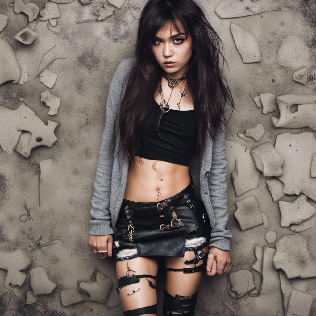 Eurasian Girl in Grunge Outfit Squatting