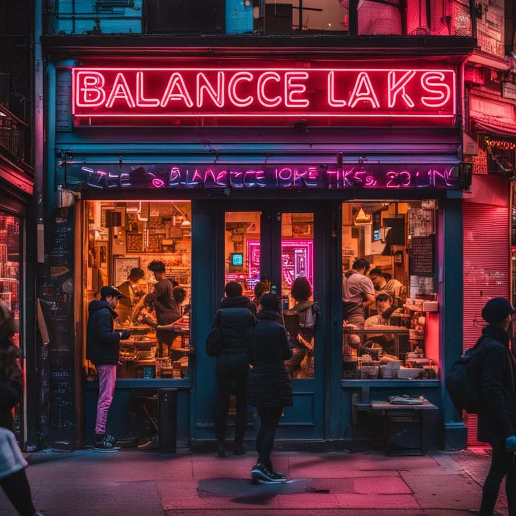 Busy Storefront with Neon 'Balance Likes' Sign