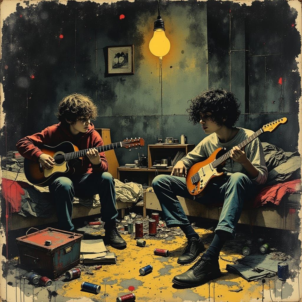 Teenage Lads with Guitars in Attic Bedroom