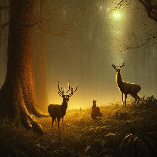 Vibrant Natural World with Animals and Fireflies