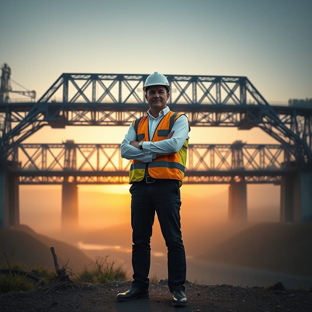 Civil Engineer Standing Proud in Front of Polybridge Structu...