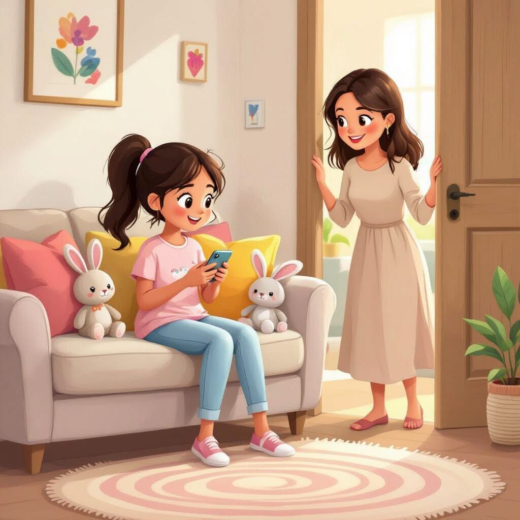 Cozy Living Room Storybook Illustration with Girl and Mother