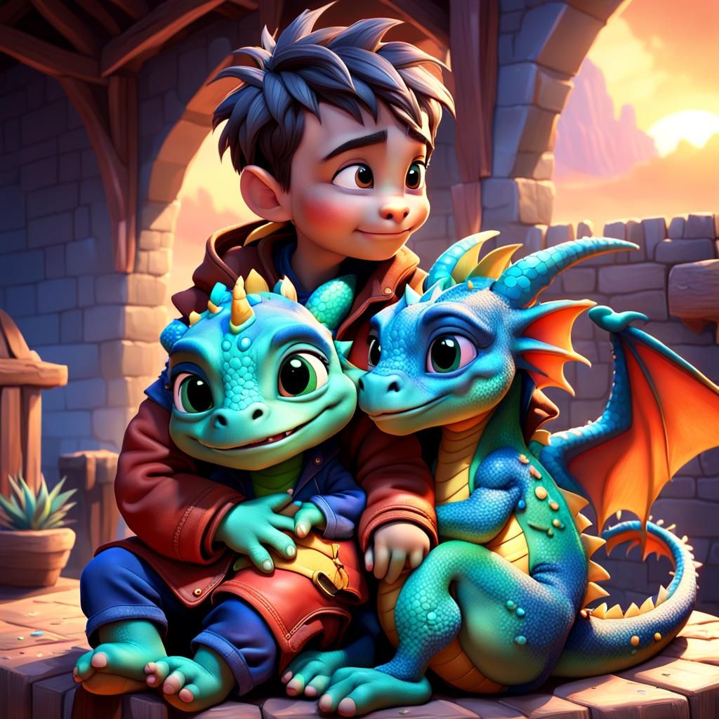 A chibia baby dragon  cuddled up in the lap of a toddler boy...