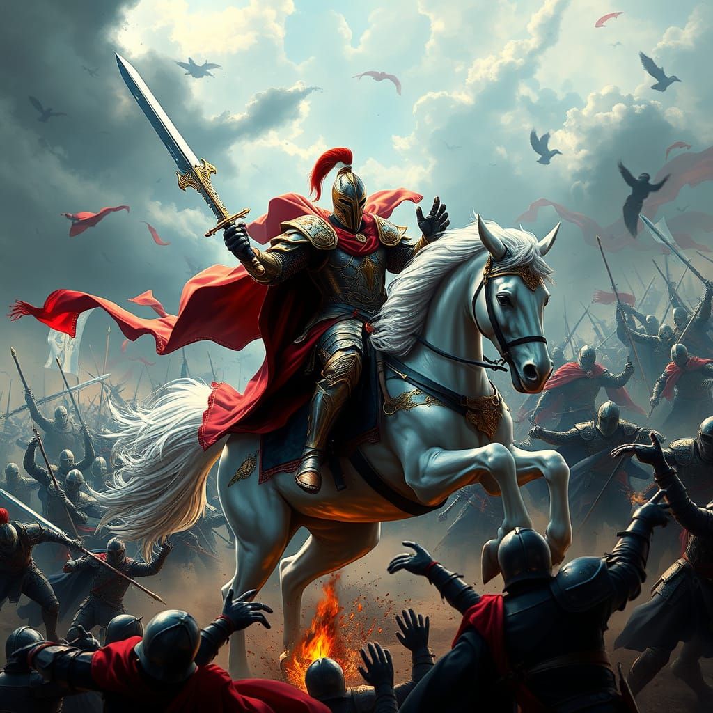 Medieval Victory Knight Rides into Battle on White Horse