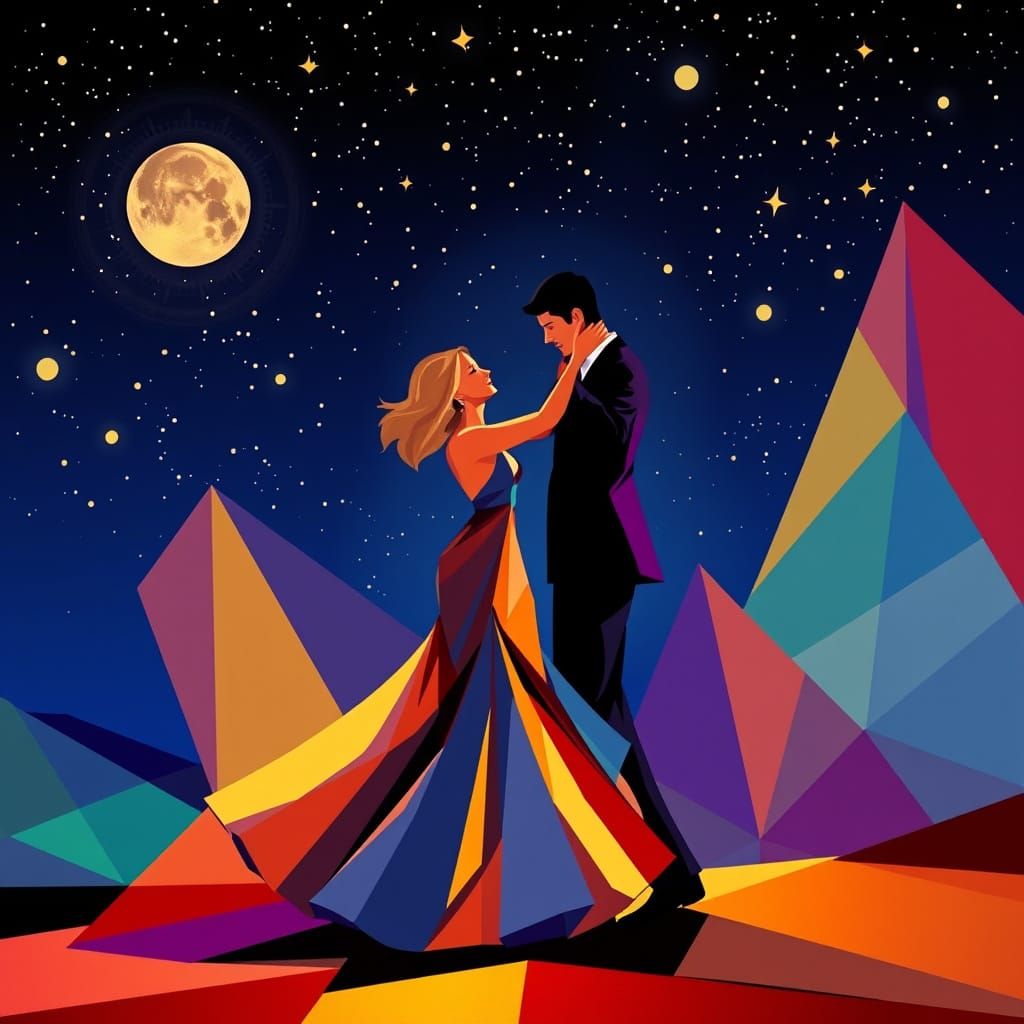 Geometric Dance: Couple in Cubist Starry Night
