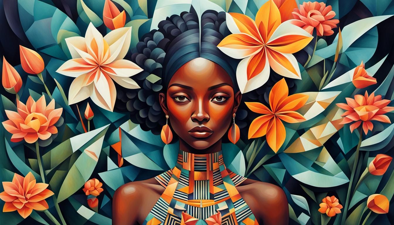 Exotic Flowers and Melanin Woman in Cubist Style