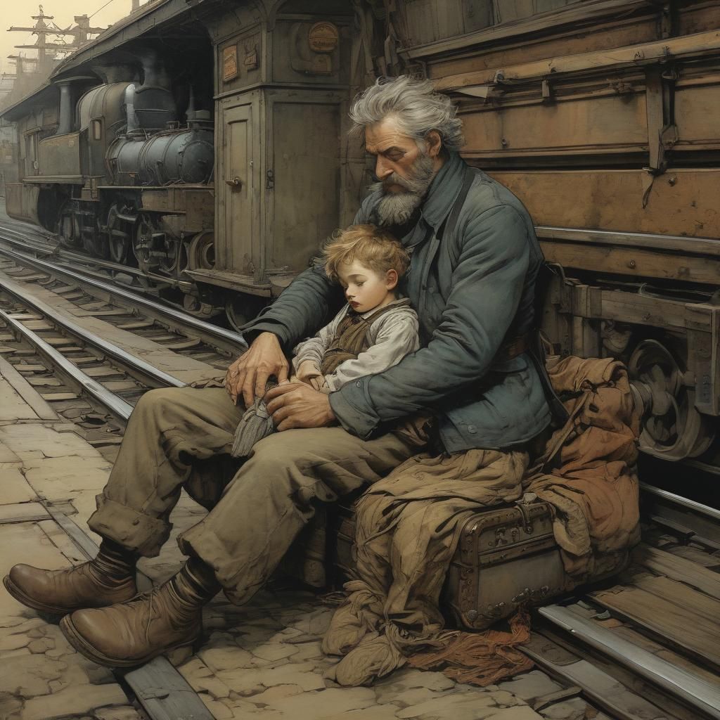Boy Sleeping at Train Station, Illustration