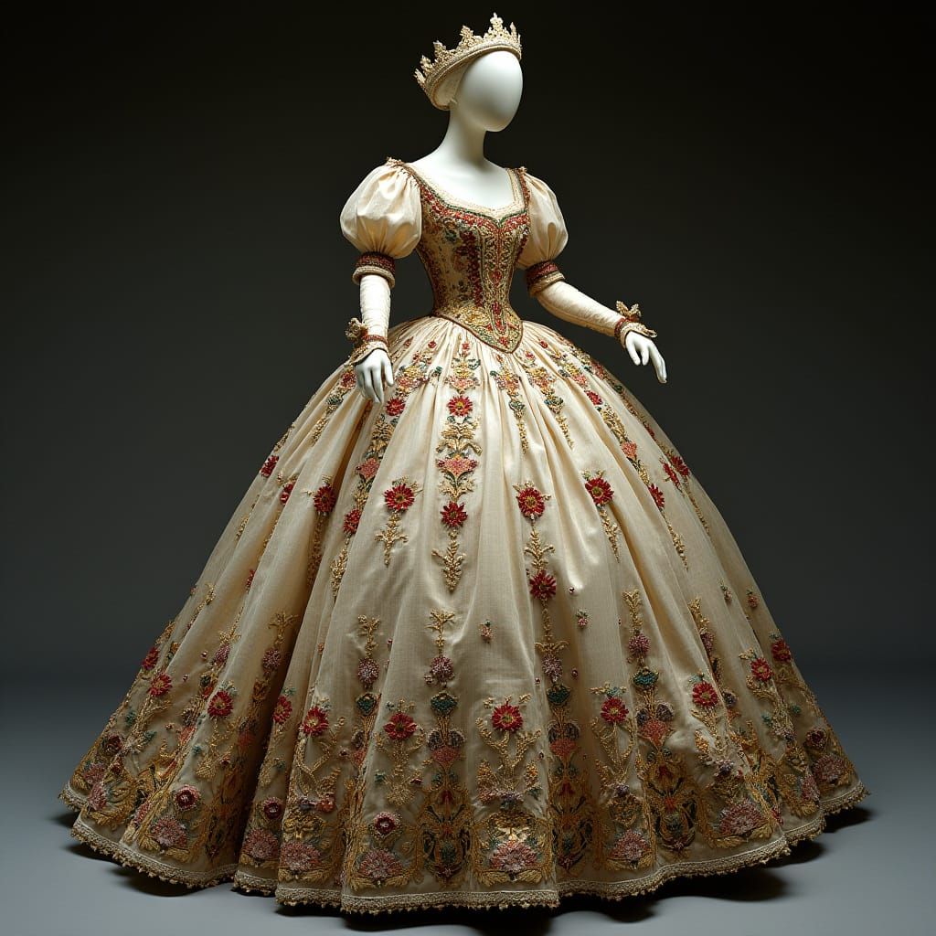 Victorian-Era Ball Gown in Rich Jewel Tones, Intricately Emb...