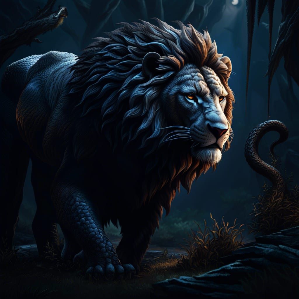Epic Dark Fantasy Chimera: Lion, Snake, Eagle, Rhino