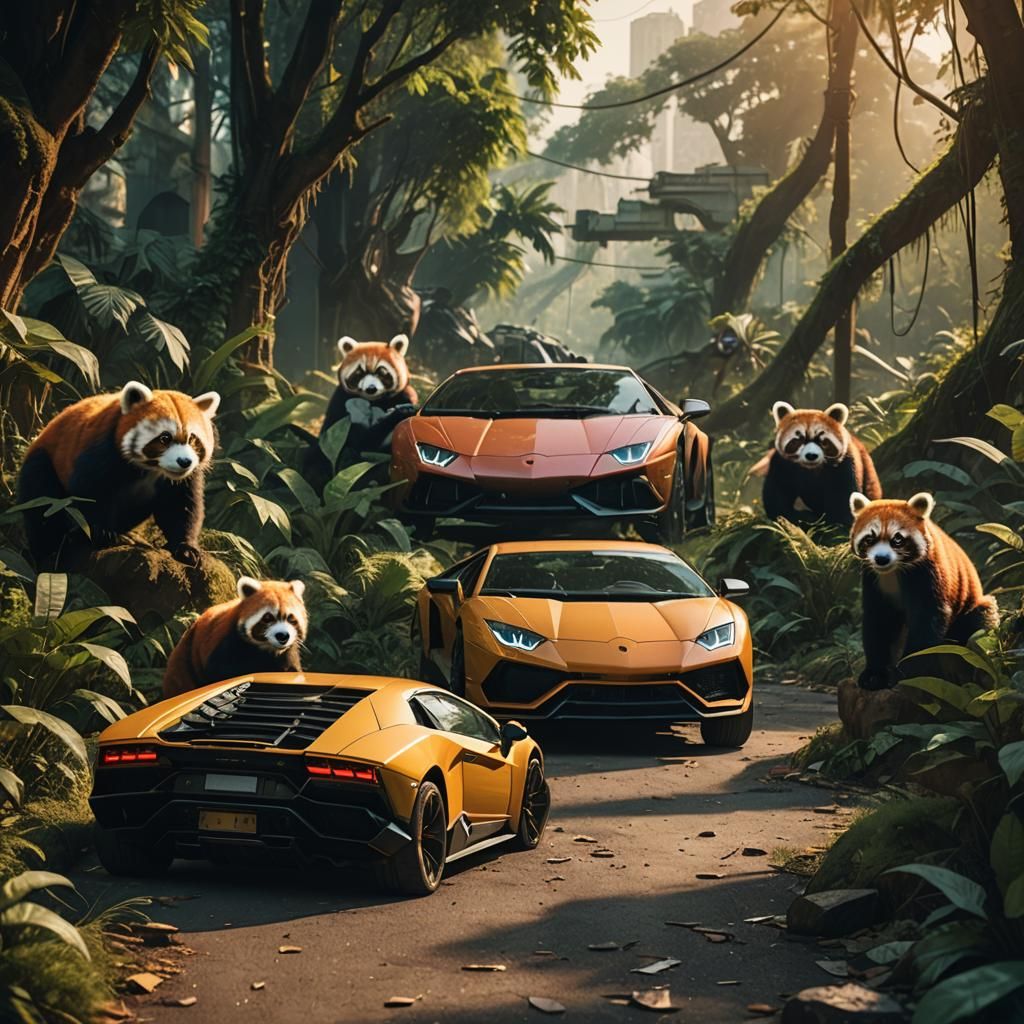 Lamborghini in Overgrown Jungle City with Pandas