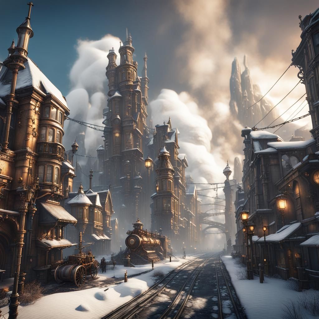 Snow-Covered Steampunk City in Detailed Matte Painting