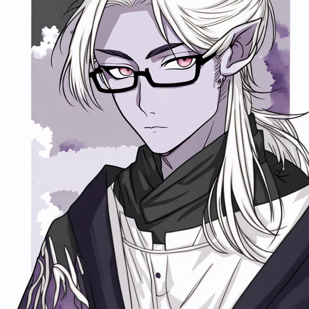 Purple-Skinned Man with Ponytail in Anime Style