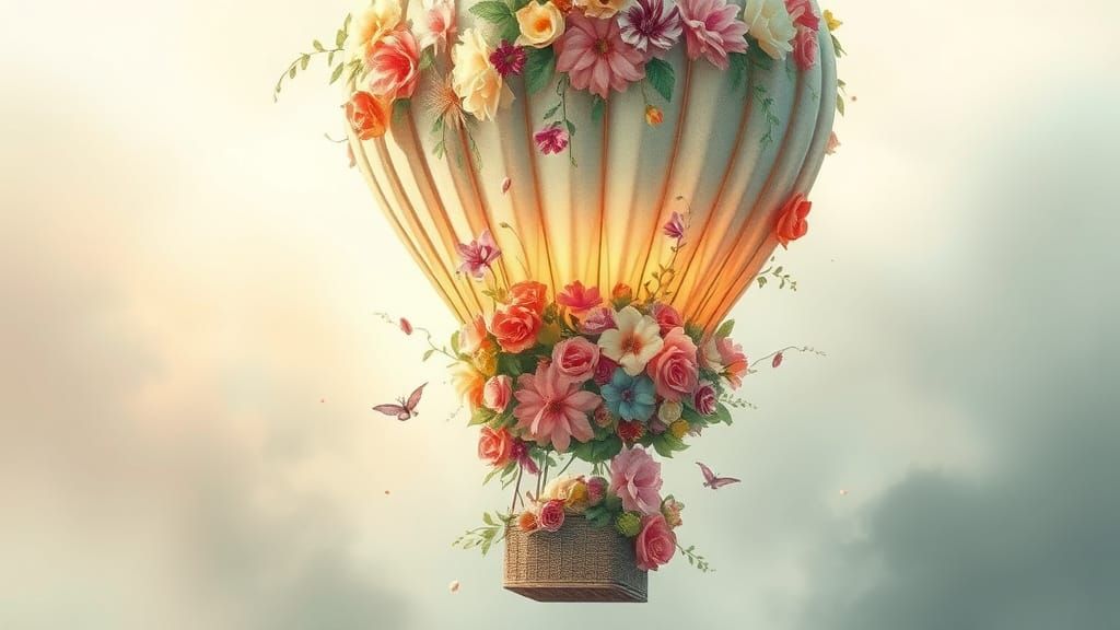 Whimsical Fantasy Hot Air Balloon Blooms in Muted Gold and E...