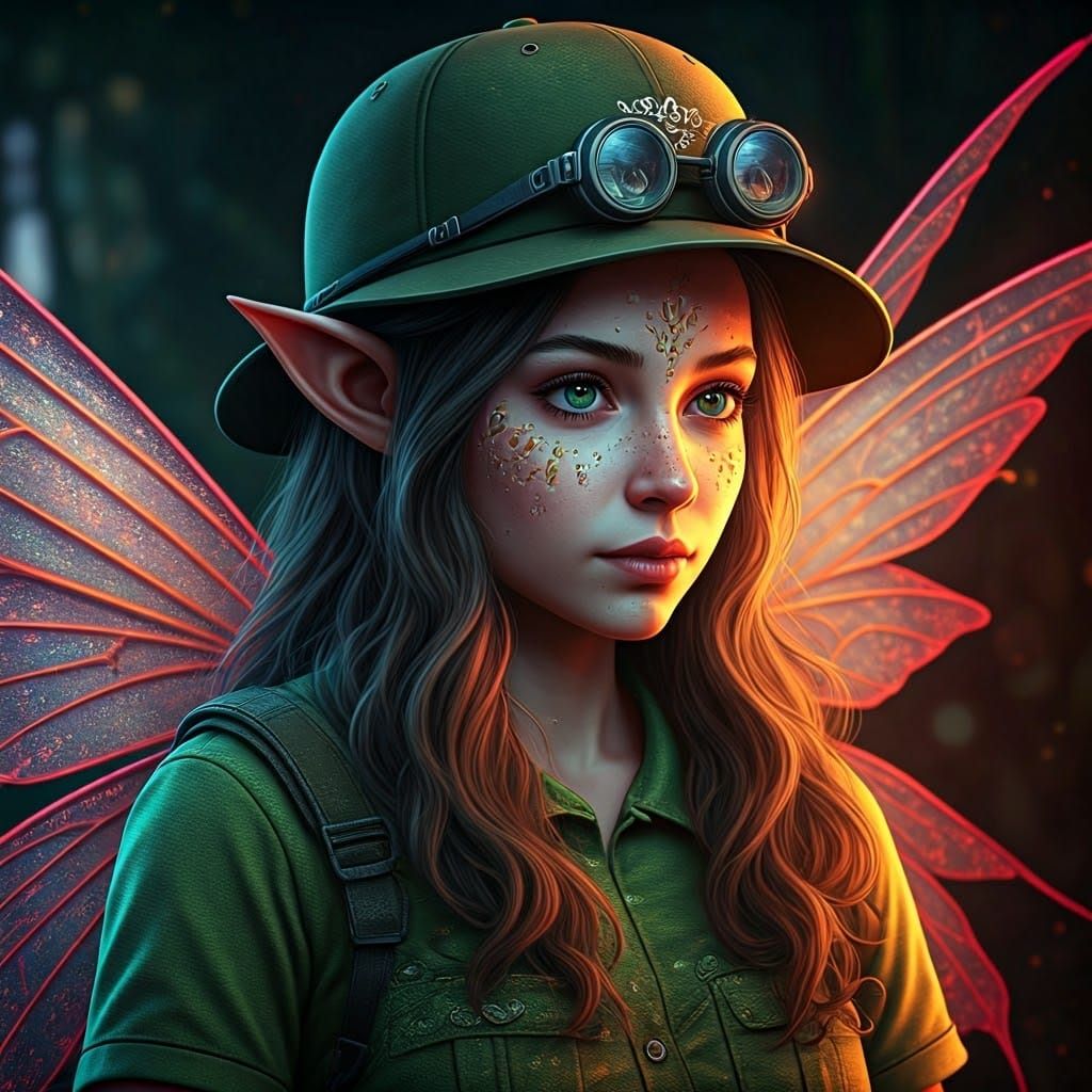 Fairy Zookeeper in Photorealistic Macro Shot with Neon Light...